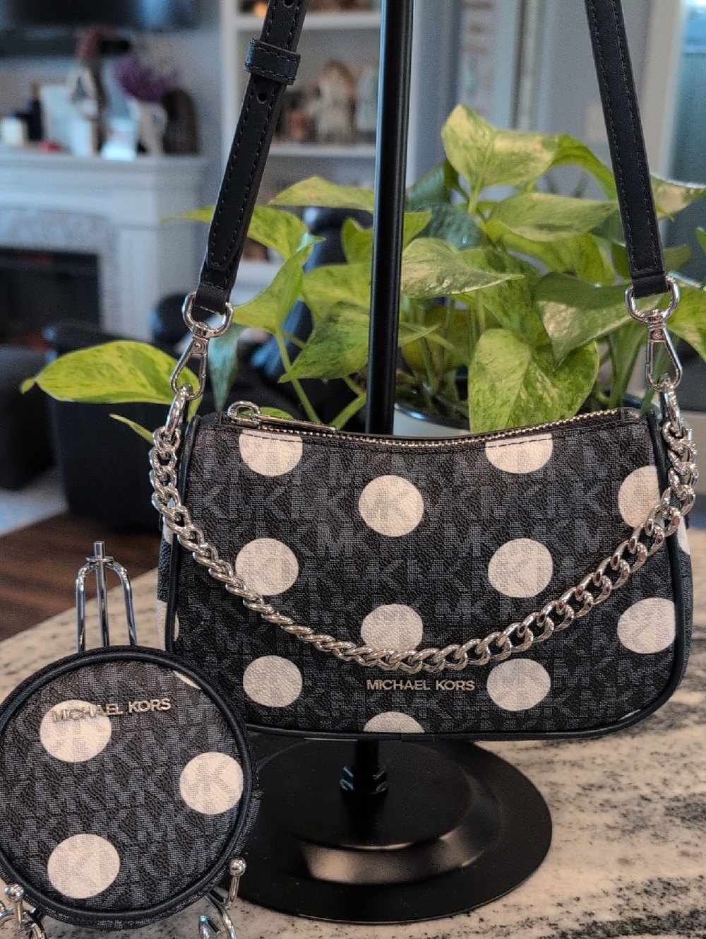 Michael Kors Navy Polka Dot Satchel Crossbody Bag w/Matching Coin Pouch Keychain